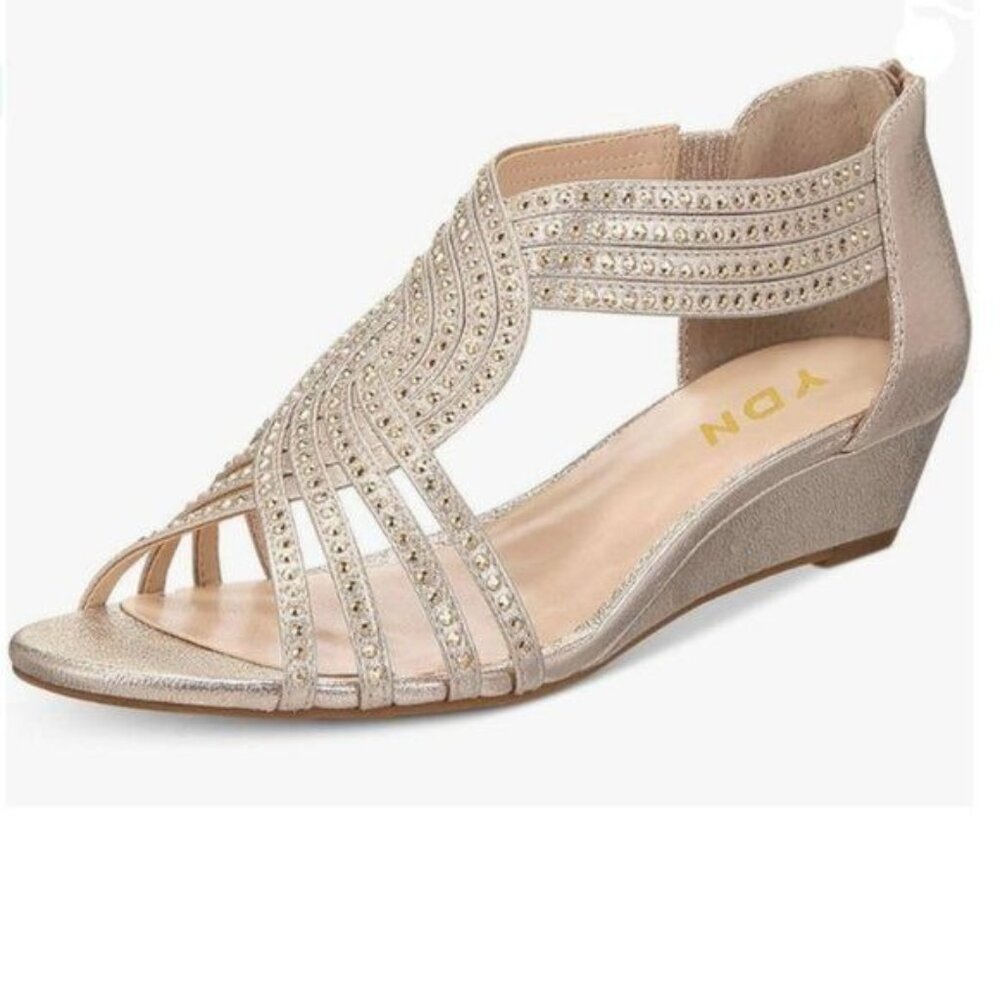 YDN Gold Wedge Glitter Open Toe Rhinestones Cross Over Straps Zippper Sandals